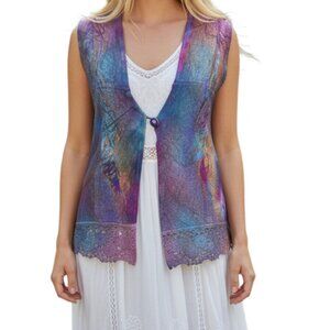 Fine Art Apparel by Sandra Vest Lace Artsy Boho Purple Blue Large